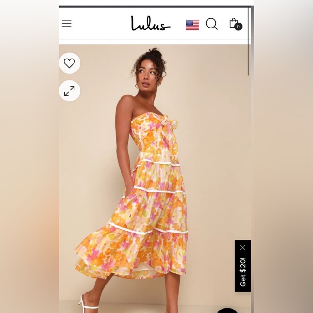 Lulus Sunlight Aura Orange Floral Strapless Tiered Midi Dress Size‎ M